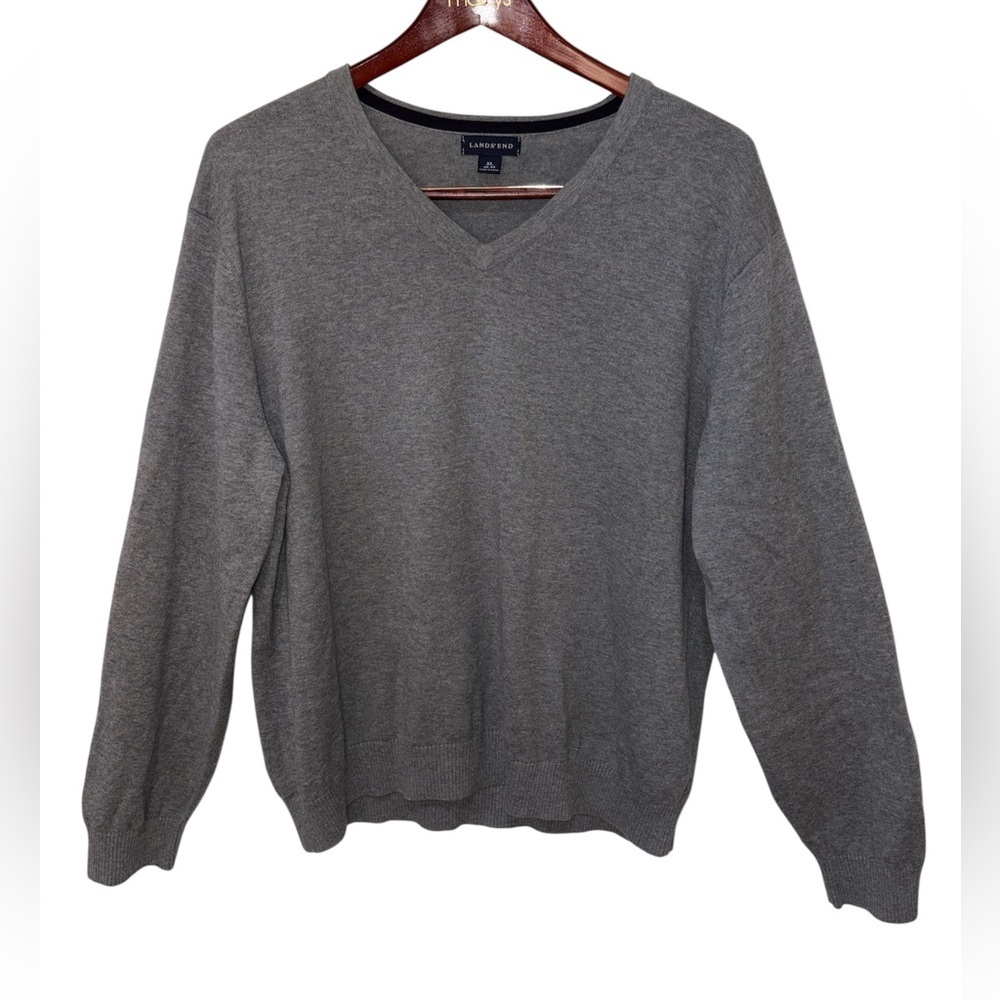 Lands’ End 100% Cotton Gray V-Neck Sweater XL | Classic Knit Pullover